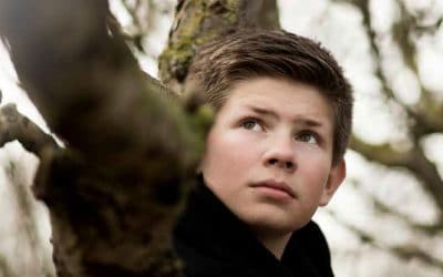 Dreng med mørkt hår kigger op ved et træ
