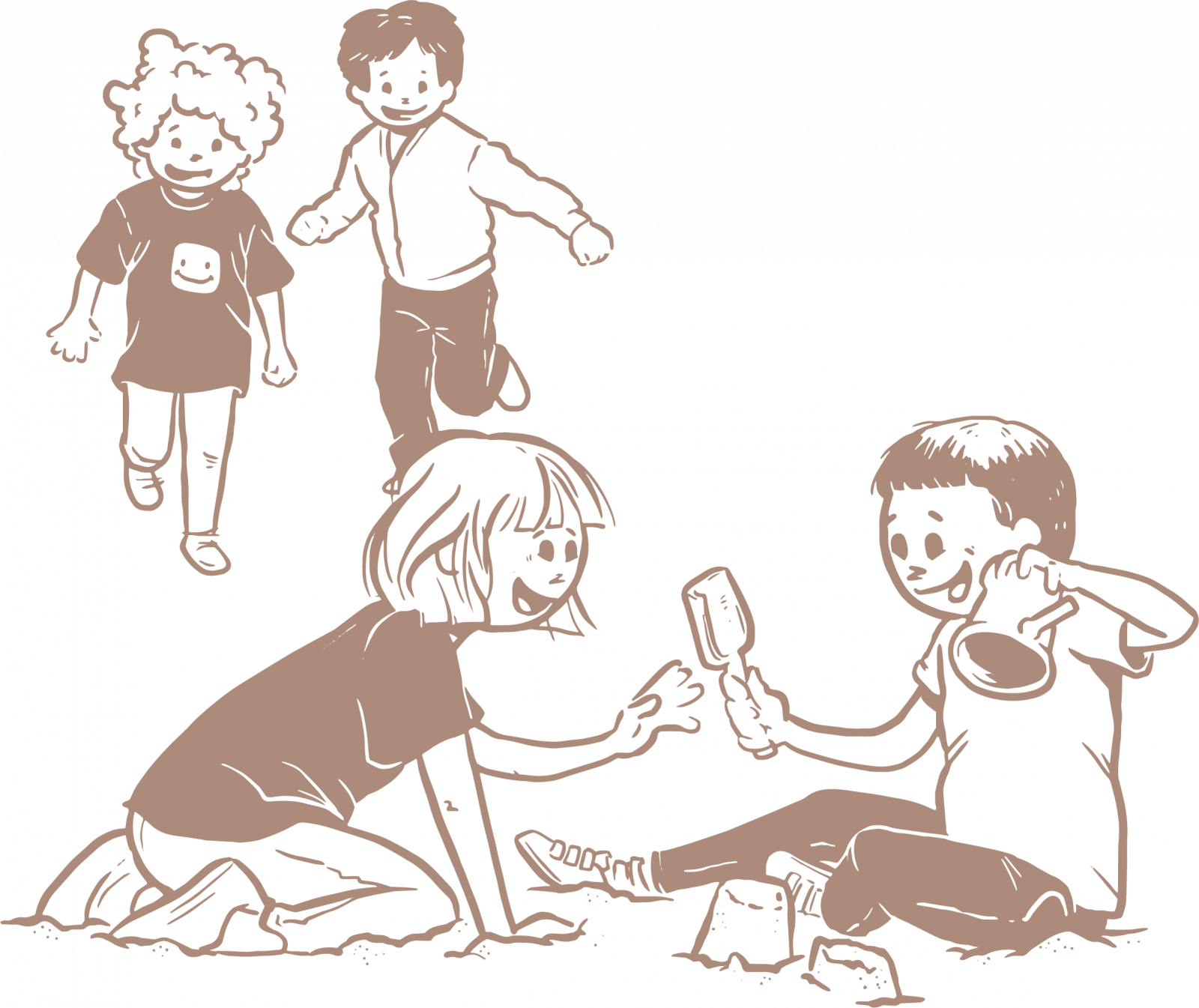 Tegning af fire børn der leger med sand