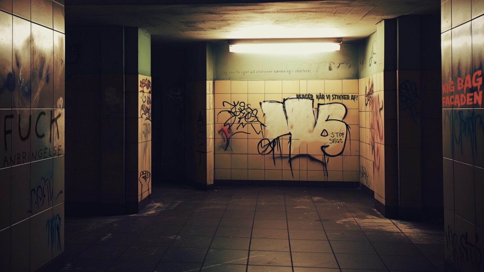 Billede af rum med graffiti med forskellige udsagn fra unge angående anbringelse på væggene.