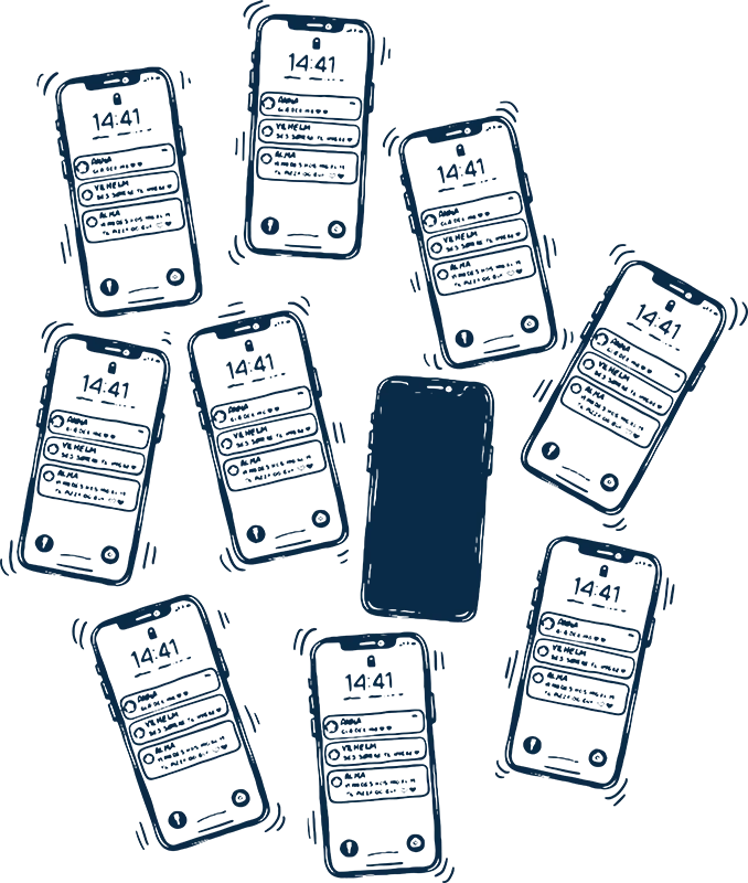 Tegning af 10 telefoner
