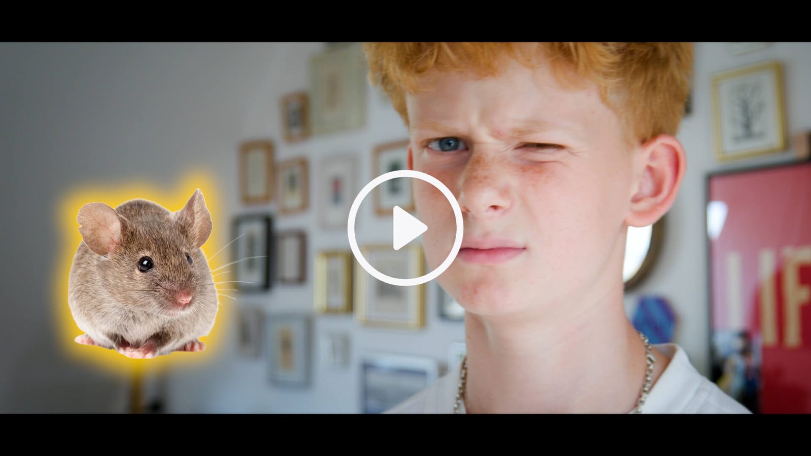 Thumbnail, hvor en dreng blinker til kameraet og der en mus i den side