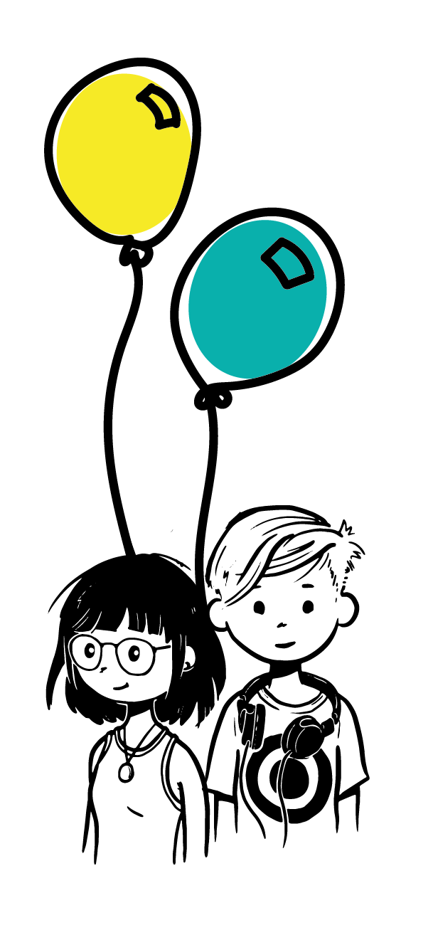 Tegning af to børn med hver deres ballon