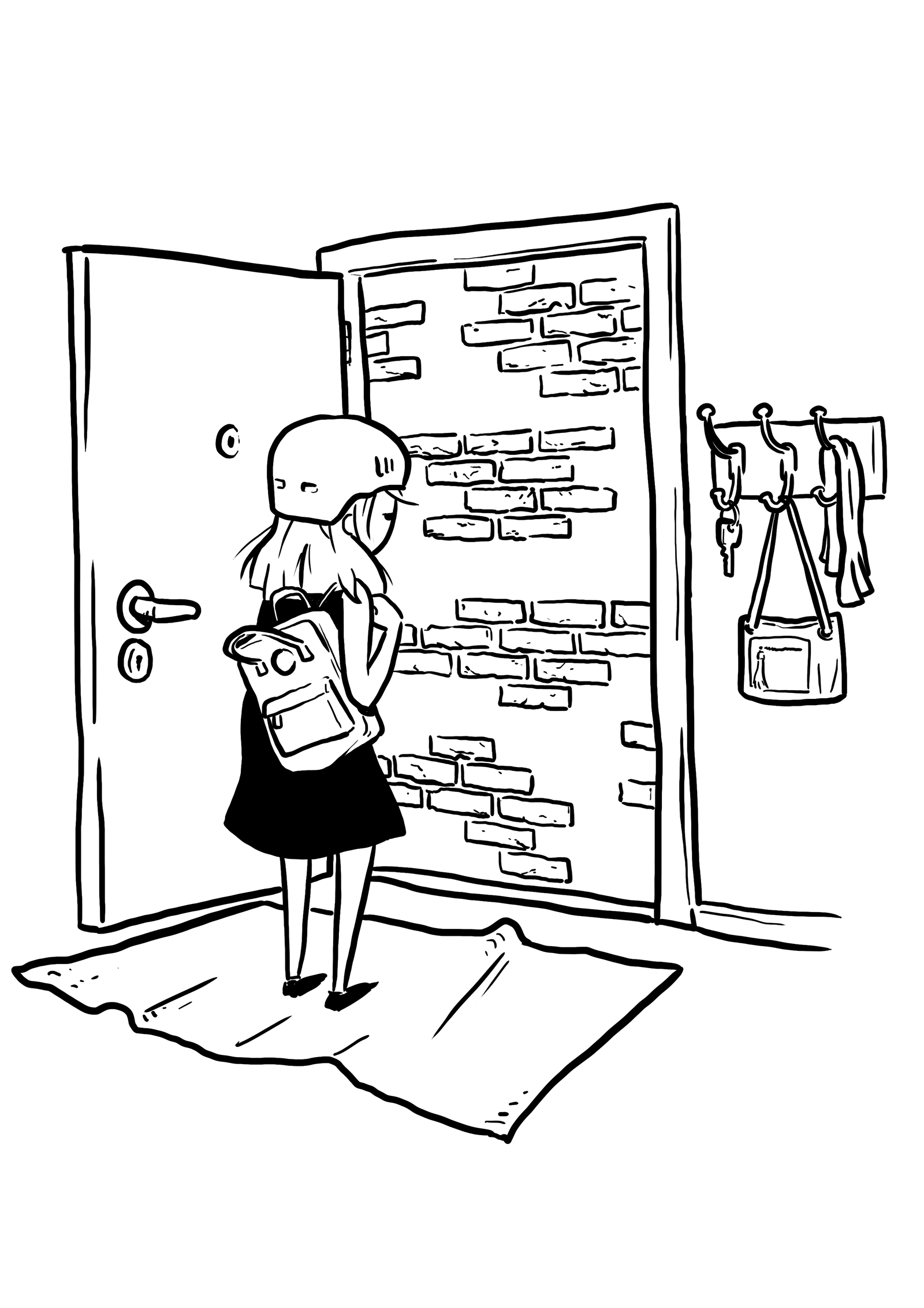 Tegning af en pige foran en åben dør, der fører til en murstensvæg.