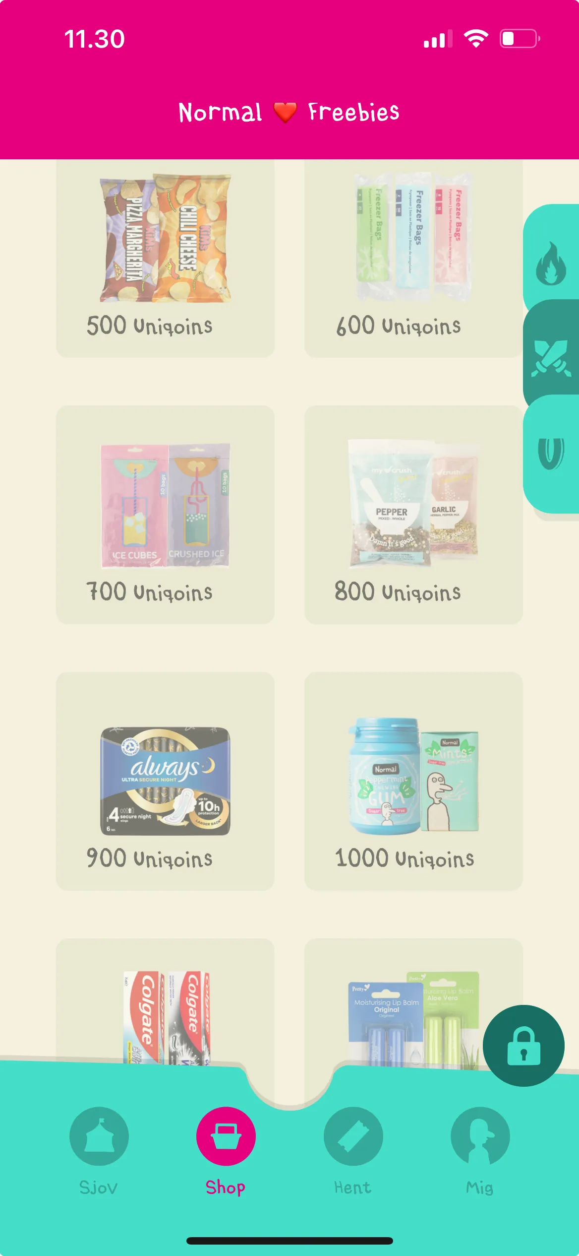 Det kræver forholdsvis mange Uniqoins, at købe noget i app’en. Man skal fx opholde sig ca. 33 timer på app’en for at kunne købe tyggegummi og mintpastiller.