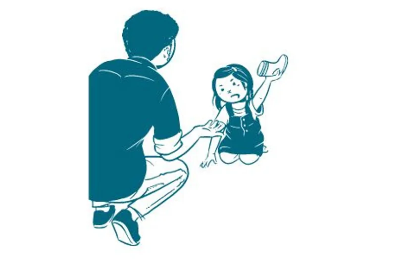 Tegning af mand der prøver at få en sok fra en lille pige