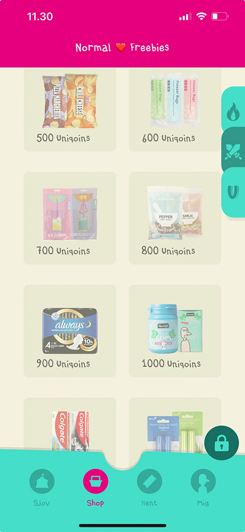 Det kræver forholdsvis mange Uniqoins, at købe noget i app’en. Man skal fx opholde sig ca. 33 timer på app’en for at kunne købe tyggegummi og mintpastiller.