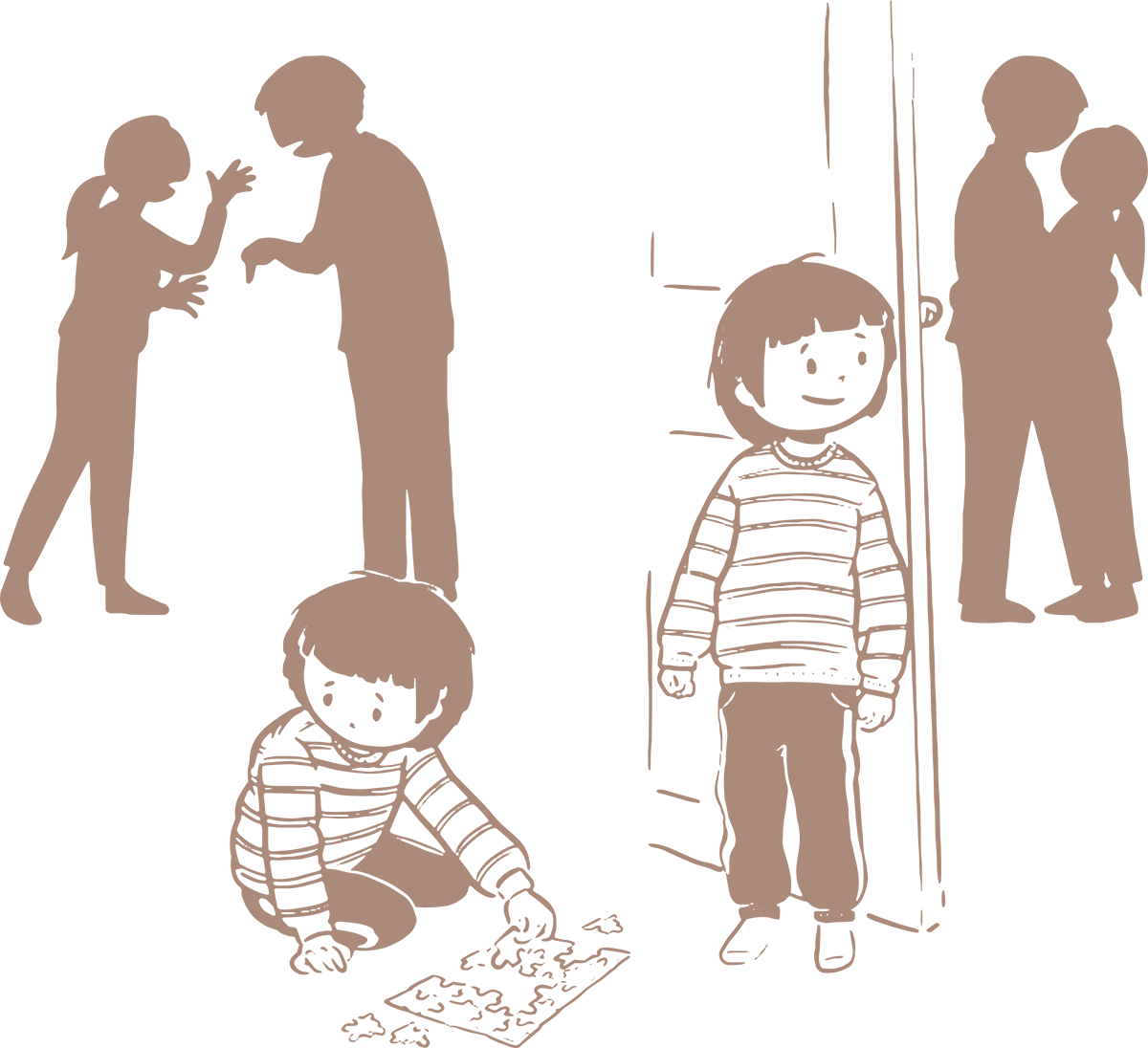 Tegning af dreng der lægger puslespil mens hans forældre skændes og derefter samme dreng der ser sine forældre blive gode venner igen