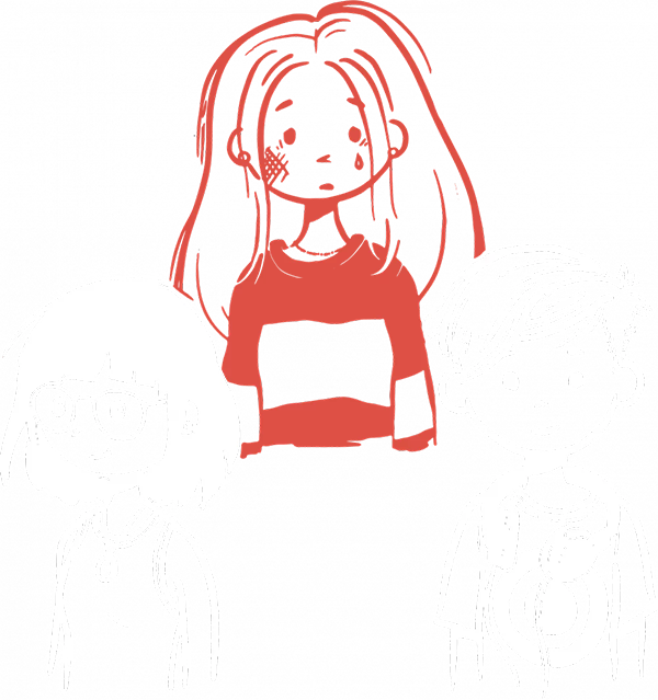 Tegning af to piger og en dreng.