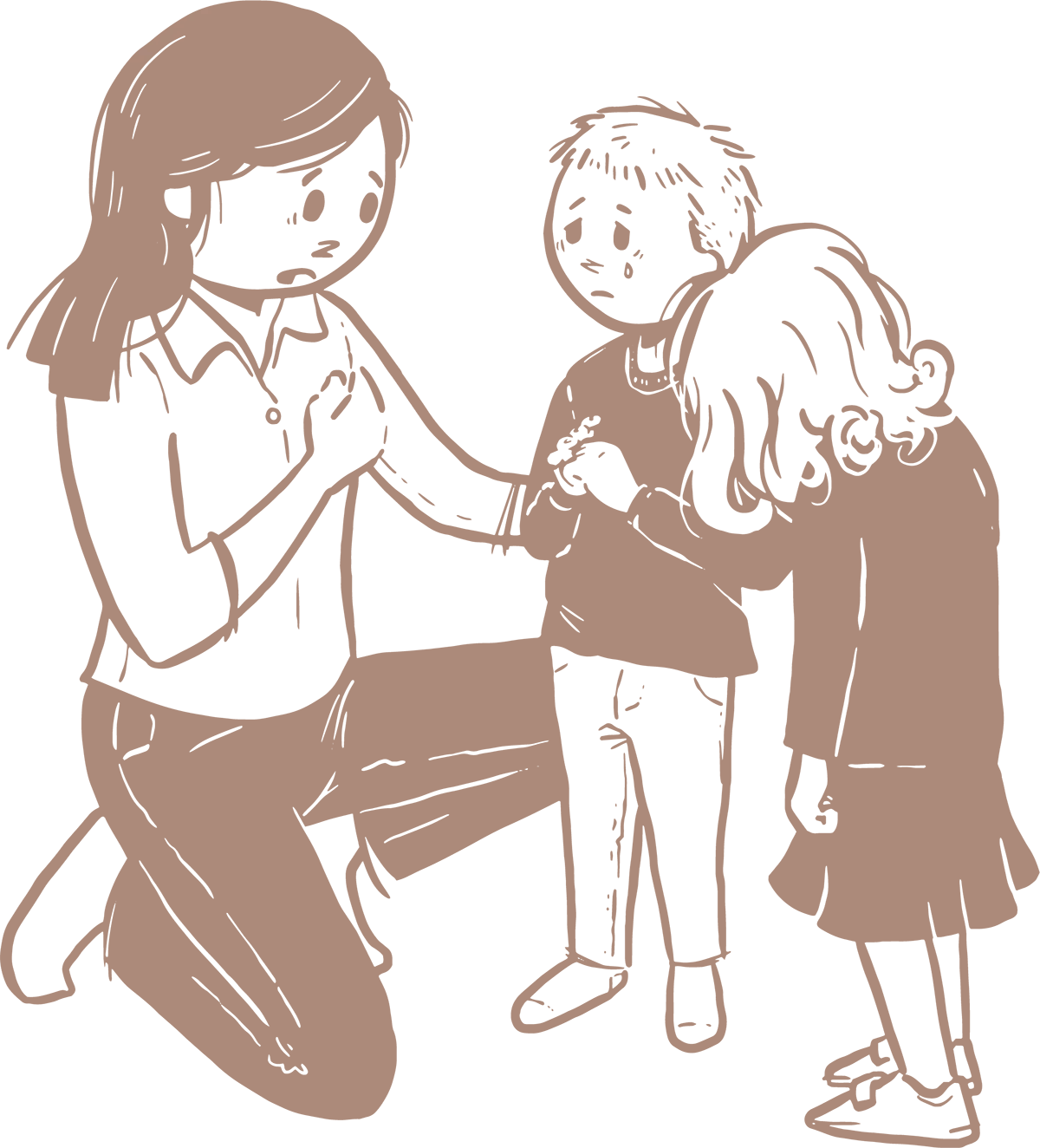 Tegning af kvinde på knæ der taler med to triste børn