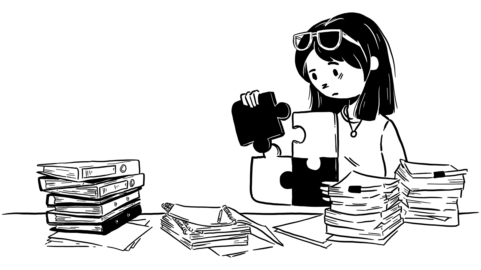 Tegning af kvinde der forsøger at få en puslespilsbrik til at passe sammen med andre brikker. Det er tydeligt at brikken ikke passer.