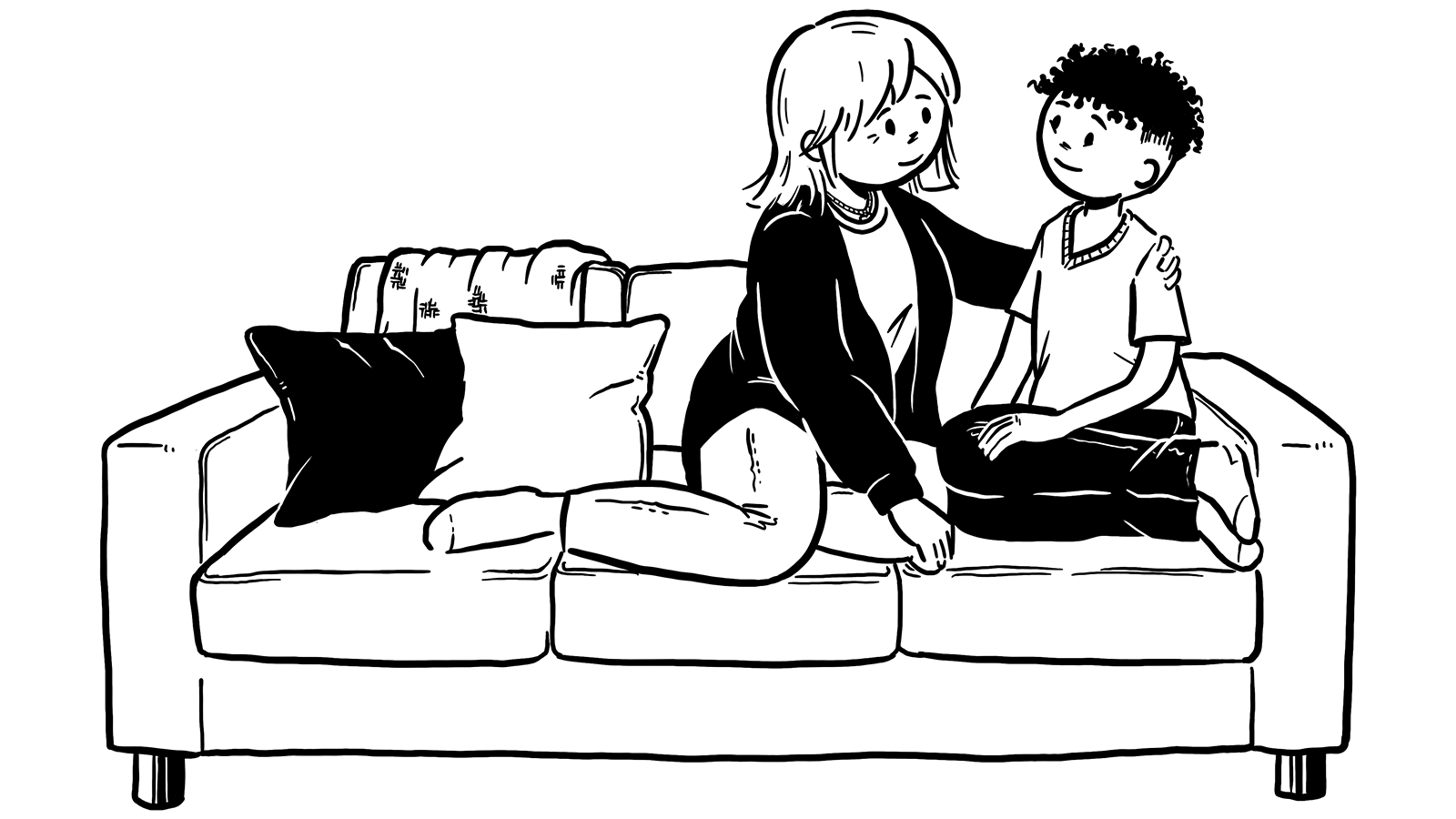 Tegning af barn og voksen i en sofa. Kvinden har armen rundt om barnet.