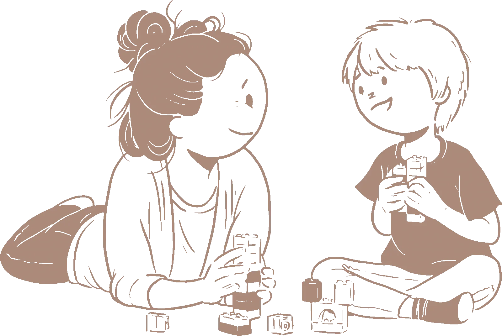 Tegning af en kvinde og en dreng der leger med lego.