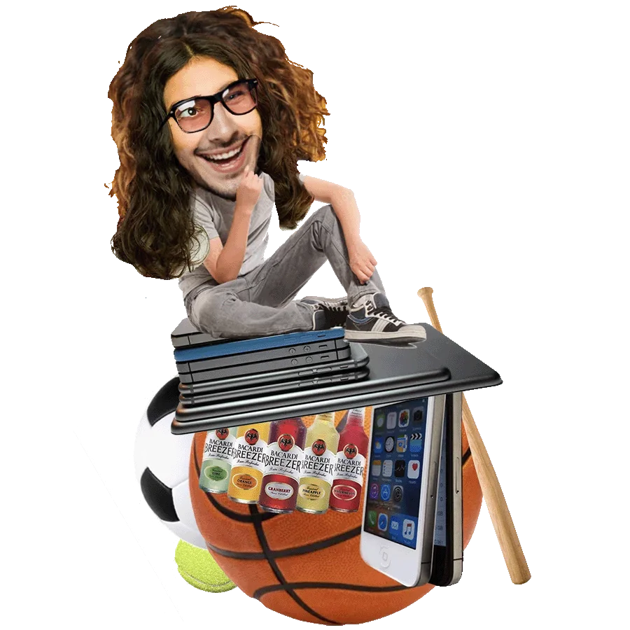 Sammenklipning der forestiller en mand med langt hår der sidder på en computer ovenpå en basketball